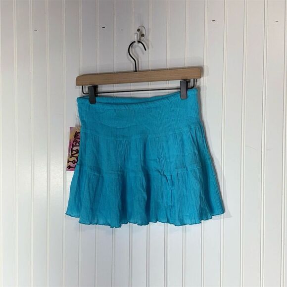 Y2K WANT! Bright Blue Cotton Crinkle Tiered Micro Mini Skirt M Deadstoc - Picture 2 of 5